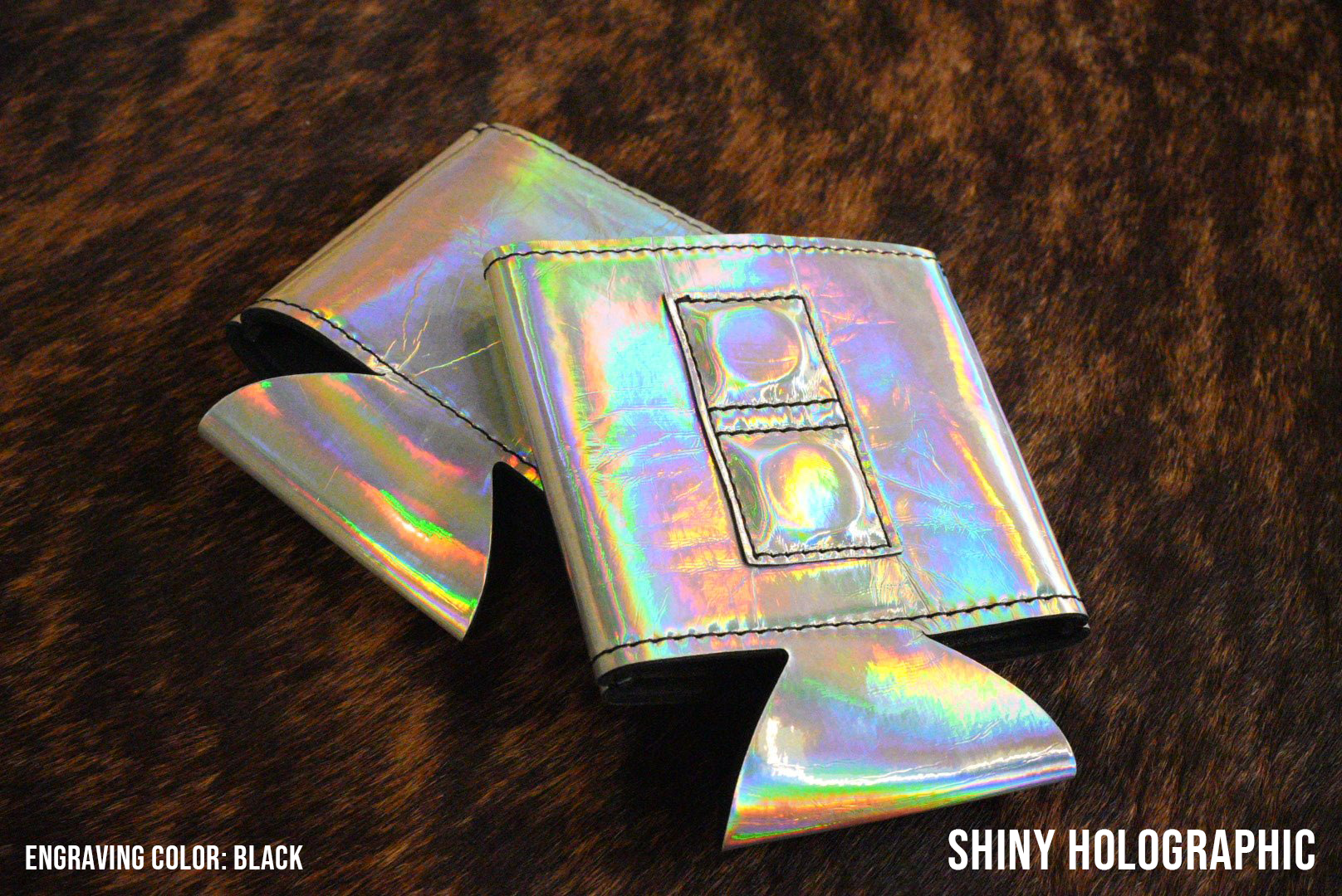 Shiny Holographic rainbow mirror Premium Leatherette magnetic can coozie, standard 12 oz. size, shown folded to reveal the built-in magnets