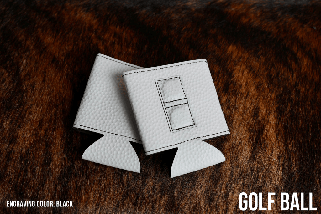 Golf Ball dimpled texture Premium Leatherette magnetic can coozie, standard 12 oz. size, shown folded to reveal the built-in magnets