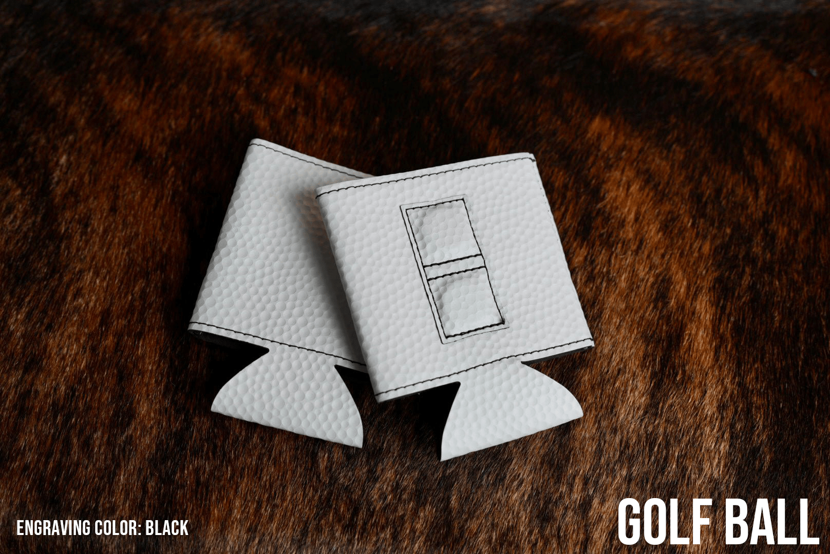 Golf Ball dimpled texture Premium Leatherette magnetic can coozie, standard 12 oz. size, shown folded to reveal the built-in magnets