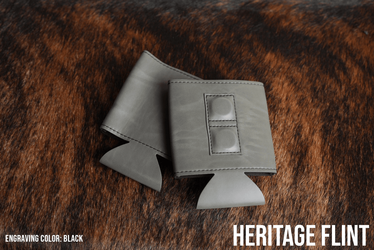 Flint grey Premium Leatherette magnetic can coozie, standard 12 oz. size, shown folded to reveal the built-in magnets