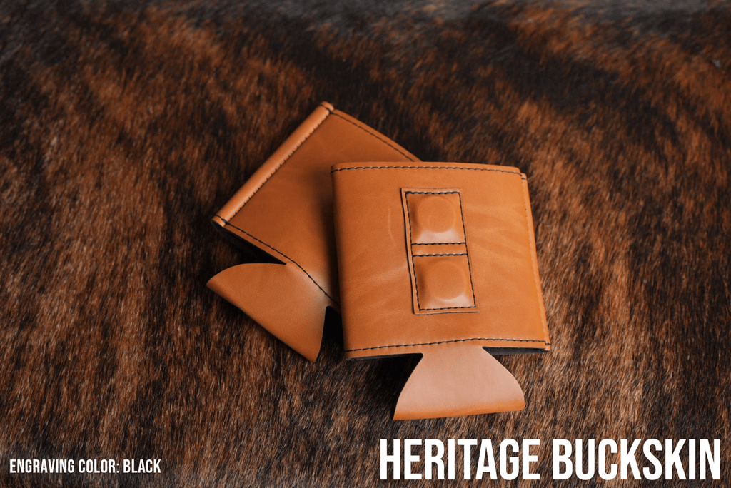 Buckskin tan Premium Leatherette magnetic can coozie, standard 12 oz. size, shown folded to reveal the built-in magnets