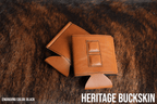 Buckskin tan Premium Leatherette magnetic can coozie, standard 12 oz. size, shown folded to reveal the built-in magnets