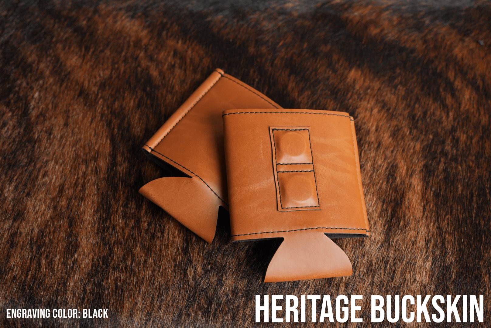 Buckskin tan Premium Leatherette magnetic can coozie, standard 12 oz. size, shown folded to reveal the built-in magnets