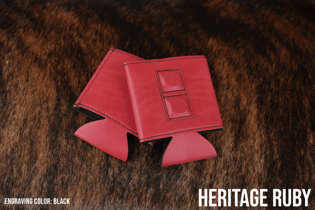 Ruby red Premium Leatherette magnetic can coozie, standard 12 oz. size, shown folded to reveal the built-in magnets
