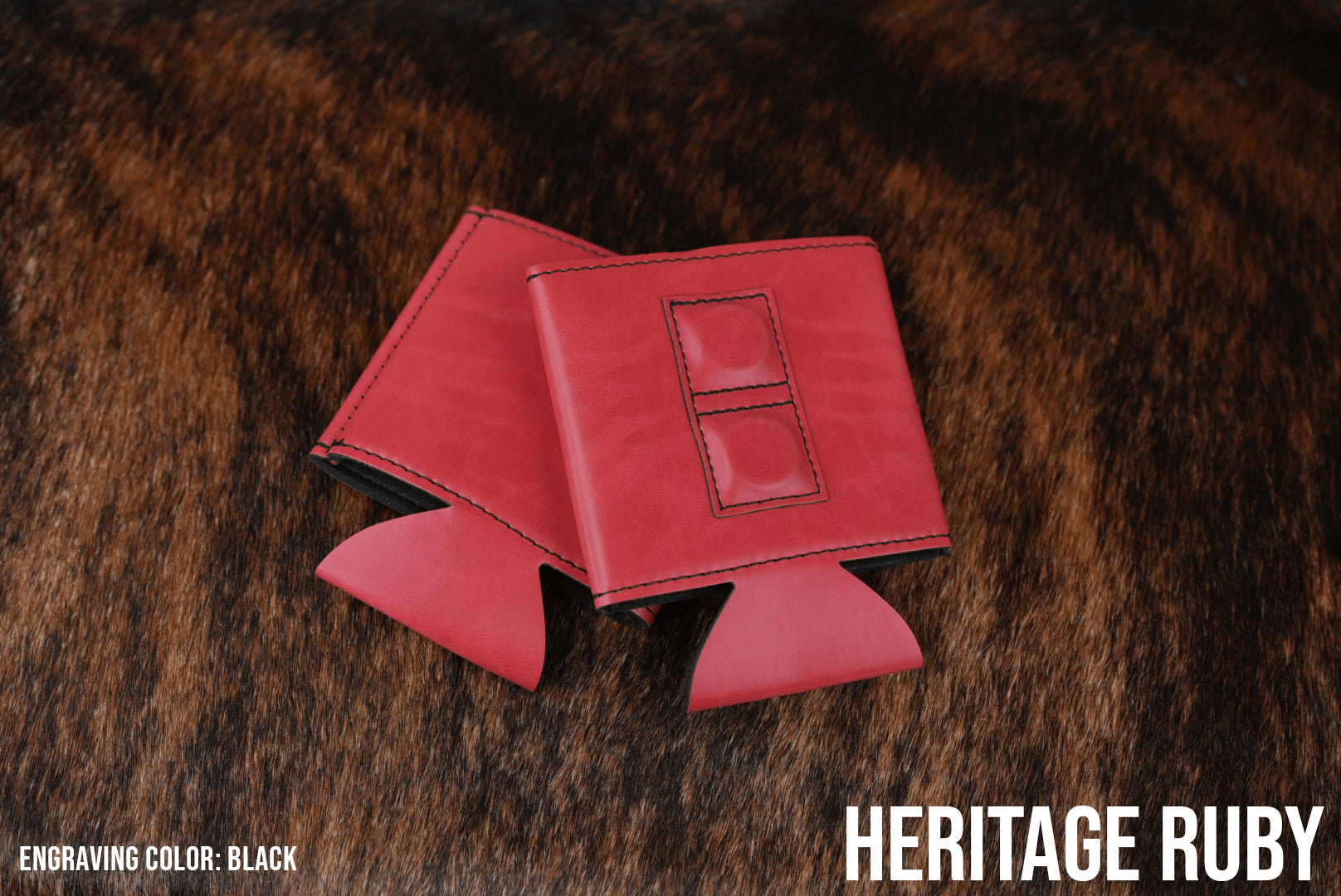 Ruby red Premium Leatherette magnetic can coozie, standard 12 oz. size, shown folded to reveal the built-in magnets