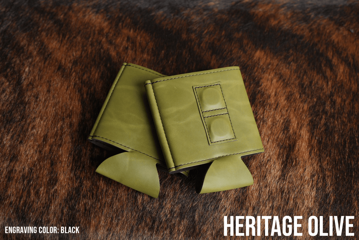 Olive green Premium Leatherette magnetic can coozie, standard 12 oz. size, shown folded to reveal the built-in magnets