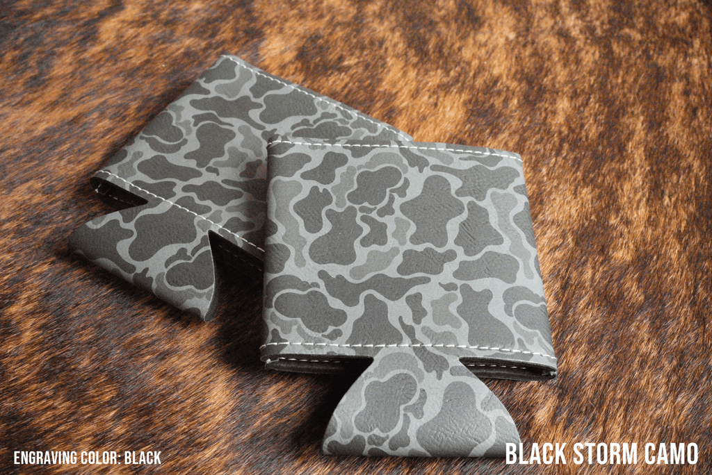 Black Storm grey camouflage Premium Leatherette magnetic can coozie, standard 12 oz. size, shown folded to reveal the built-in magnets