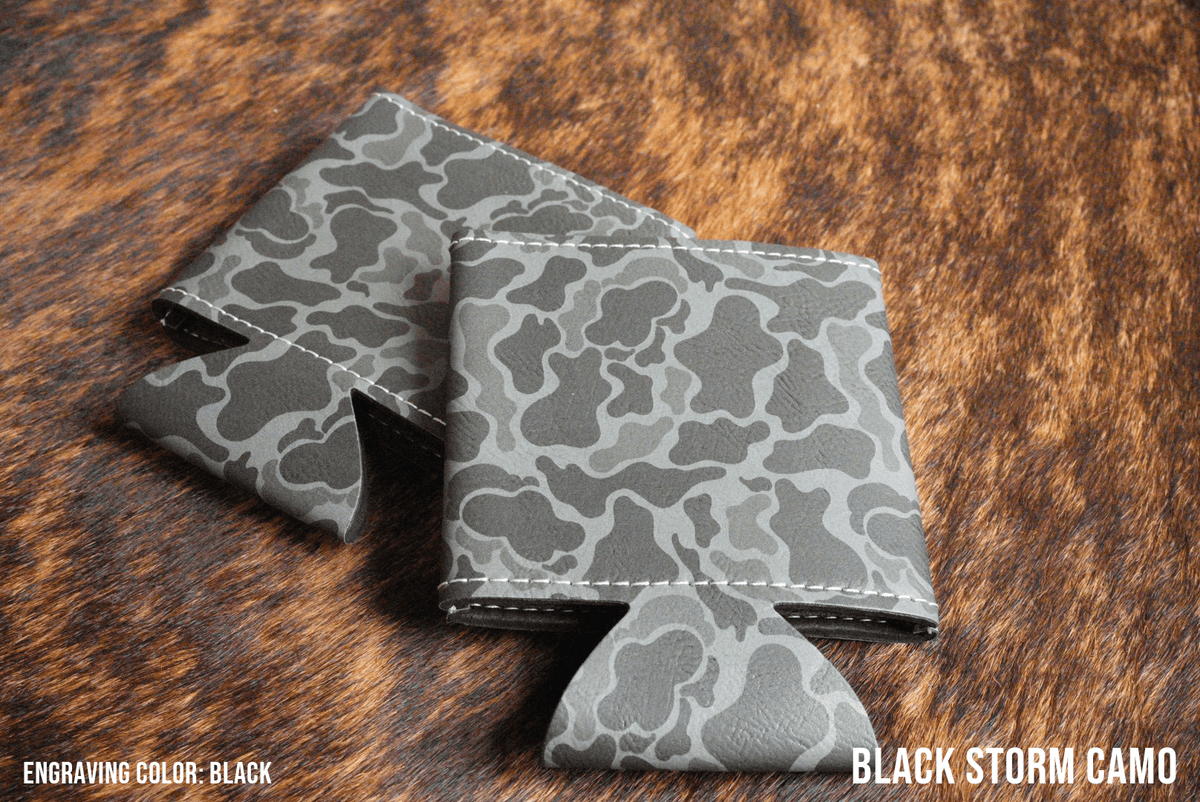 Black Storm grey camouflage Premium Leatherette magnetic can coozie, standard 12 oz. size, shown folded to reveal the built-in magnets