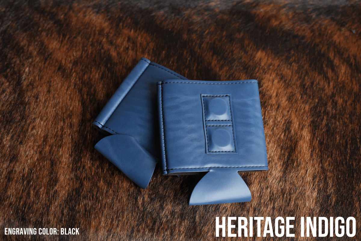 Indigo blue Premium Leatherette magnetic can coozie, standard 12 oz. size, shown folded to reveal the built-in magnets