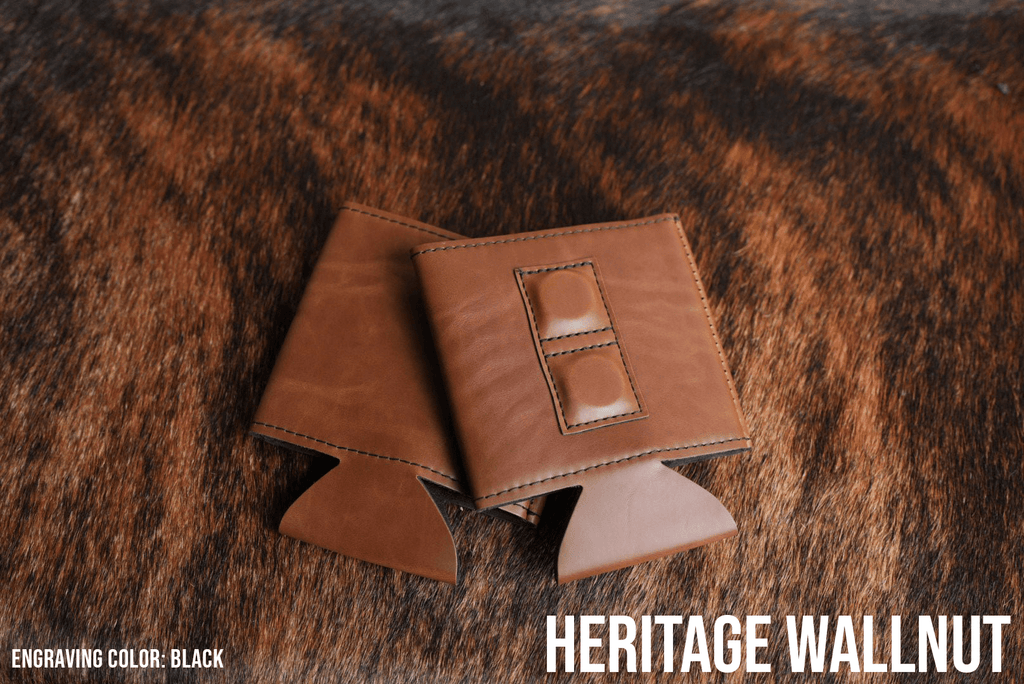 Walnut brown Premium Leatherette magnetic can coozie, standard 12 oz. size, shown folded to reveal the built-in magnets