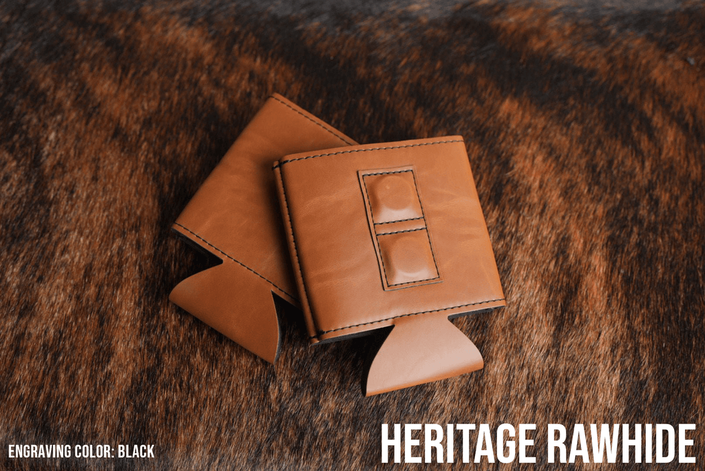 Rawhide tan Premium Leatherette magnetic can coozie, standard 12 oz. size, shown folded to reveal the built-in magnets