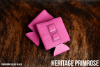 Primrose pink Premium Leatherette magnetic can coozie, standard 12 oz. size, shown folded to reveal the built-in magnets