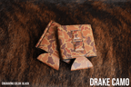 Drake Camo Premium Leatherette magnetic can coozie, standard 12 oz. size, shown folded to reveal the built-in magnets