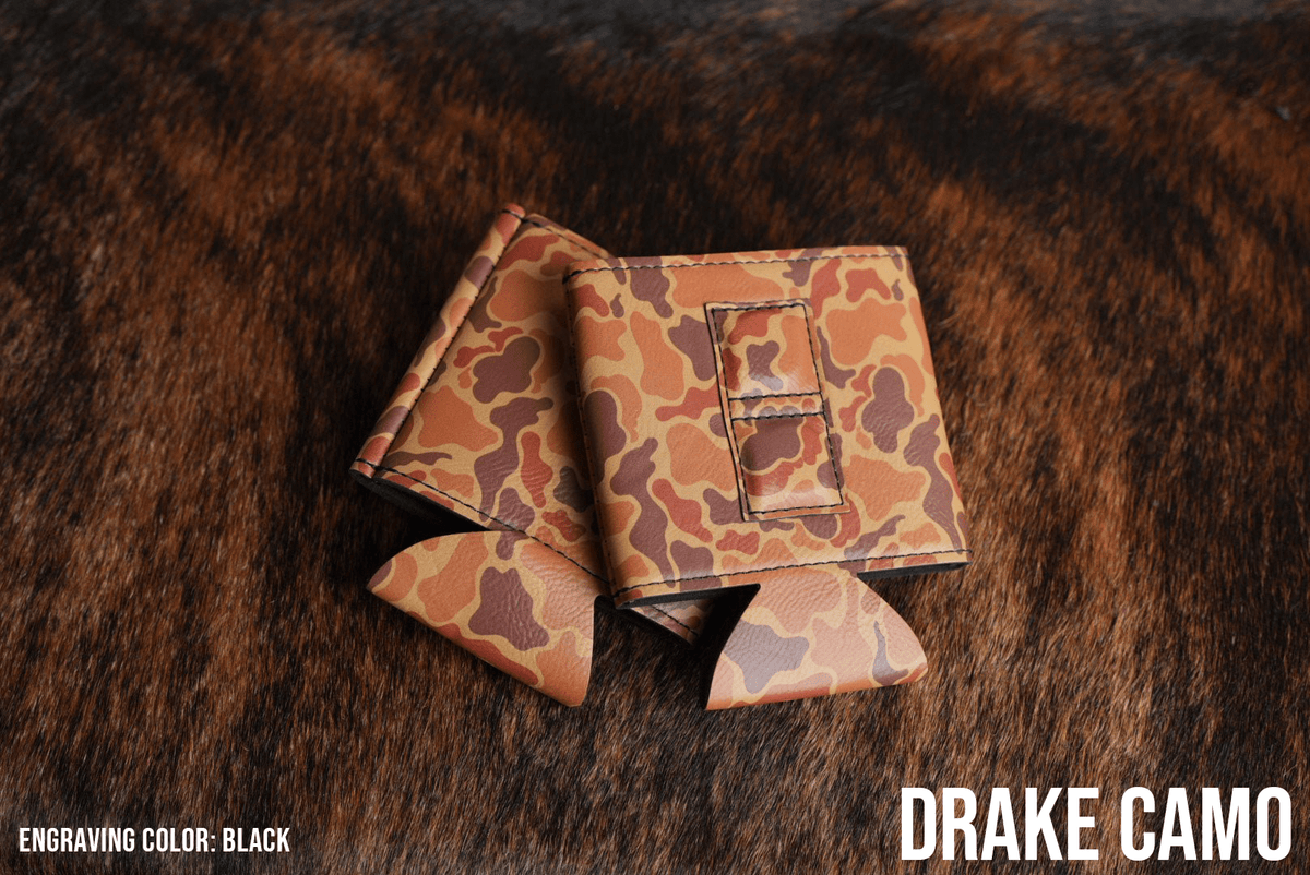 Drake Camo Premium Leatherette magnetic can coozie, standard 12 oz. size, shown folded to reveal the built-in magnets