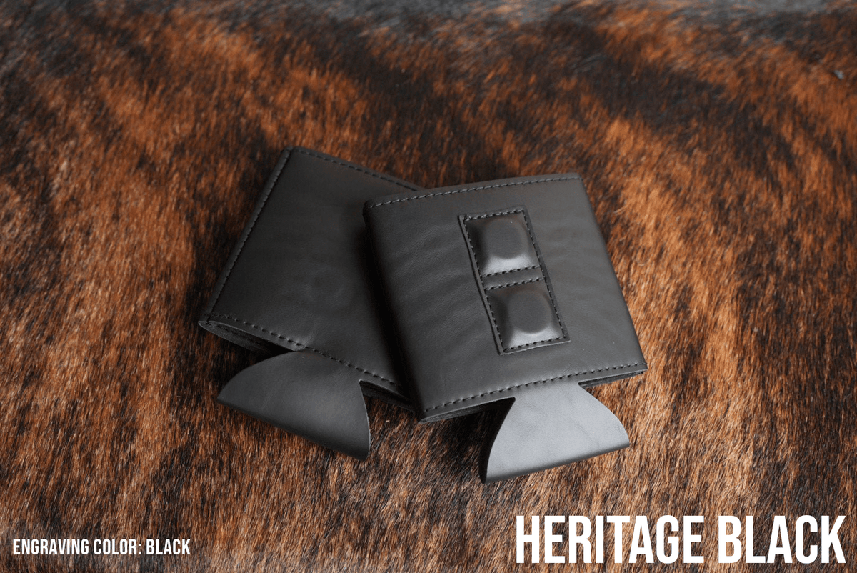 Black Premium Leatherette magnetic can coozie, standard 12 oz. size, shown folded to reveal the built-in magnets
