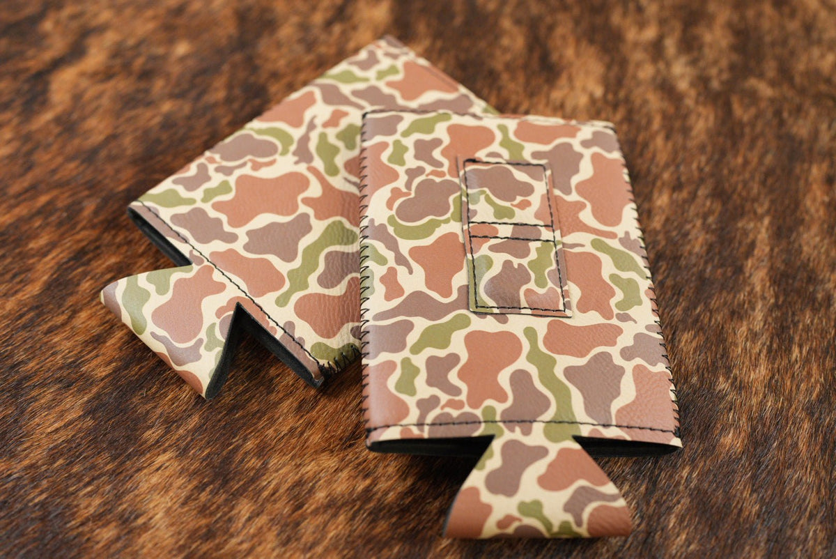 Fowl Play Camo Premium Leatherette magnetic can coozie, slim can size, shown folded to reveal the built-in magnets