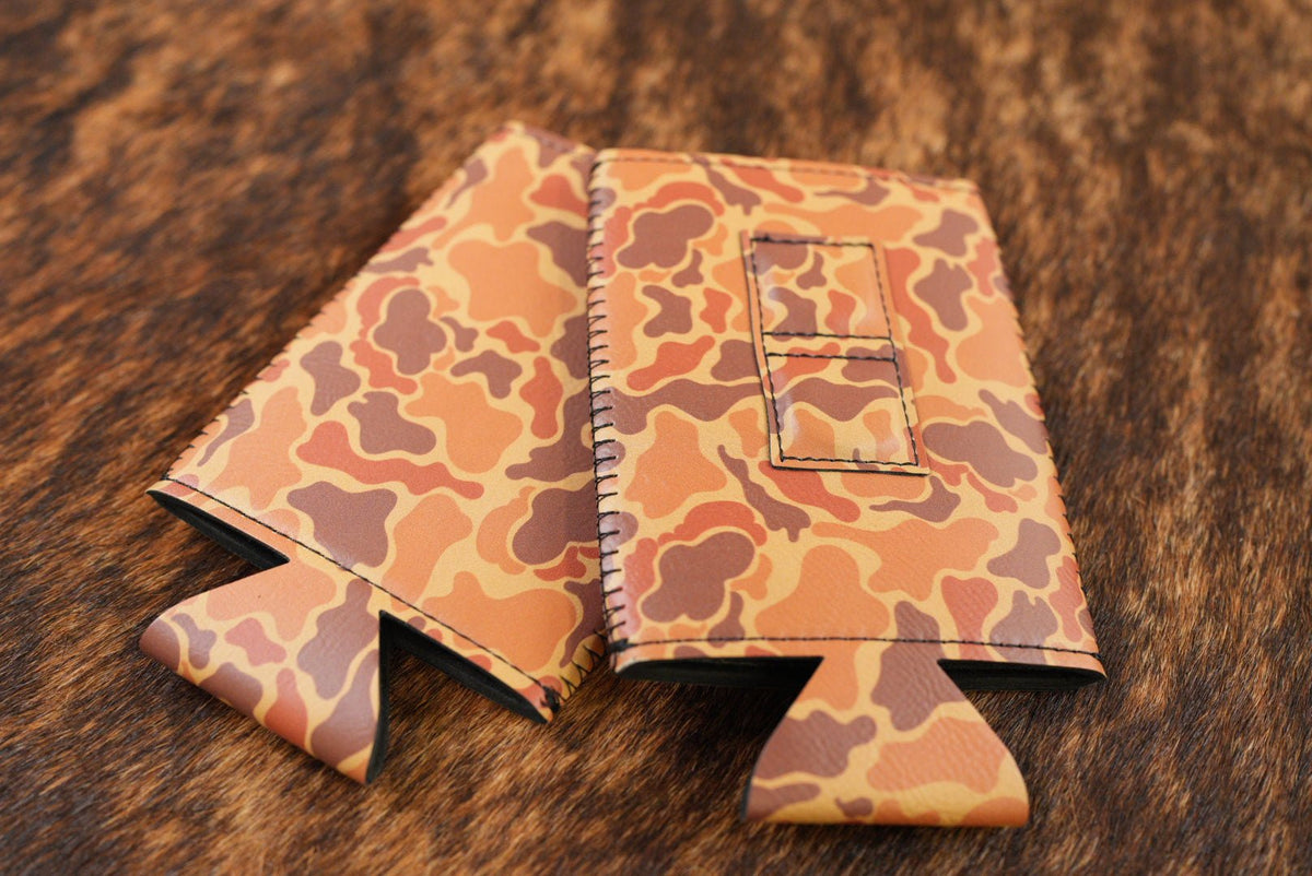 Drake Camo Premium Leatherette magnetic can coozie, slim can size, shown folded to reveal the built-in magnets