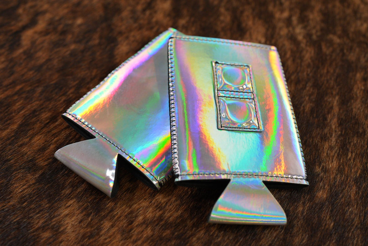 Shiny Holographic rainbow mirror Premium Leatherette magnetic can coozie, slim can size, shown folded to reveal the built-in magnets