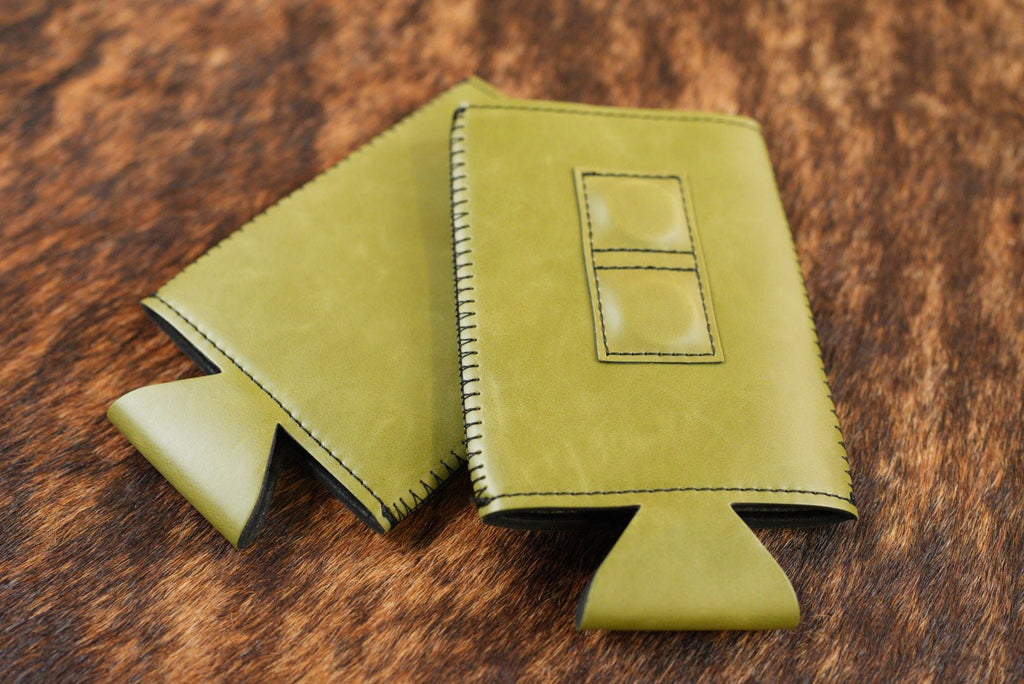 Olive green Premium Leatherette magnetic can coozie, slim can size, shown folded to reveal the built-in magnets