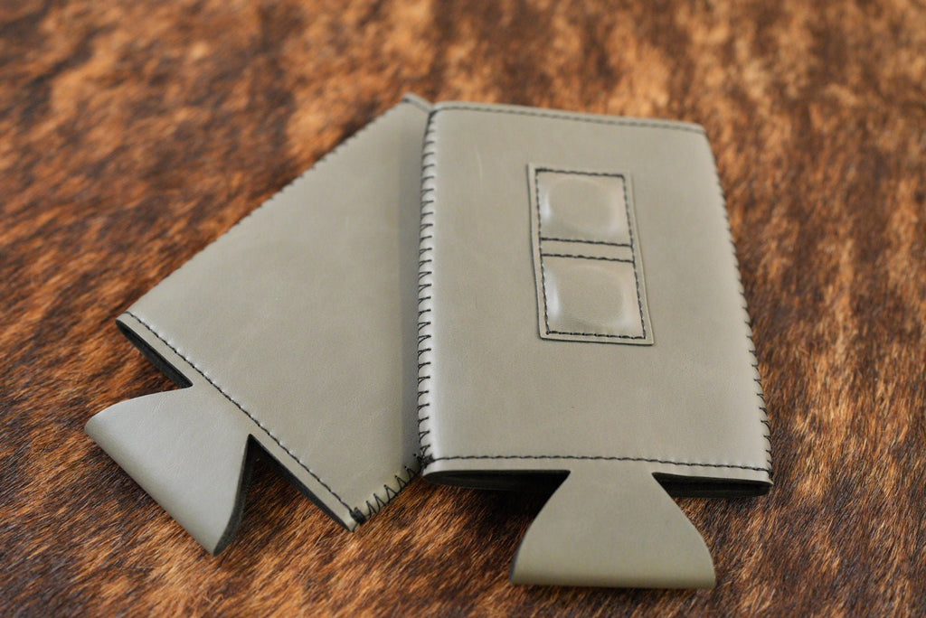 Flint grey Premium Leatherette magnetic can coozie, slim can size, shown folded to reveal the built-in magnets