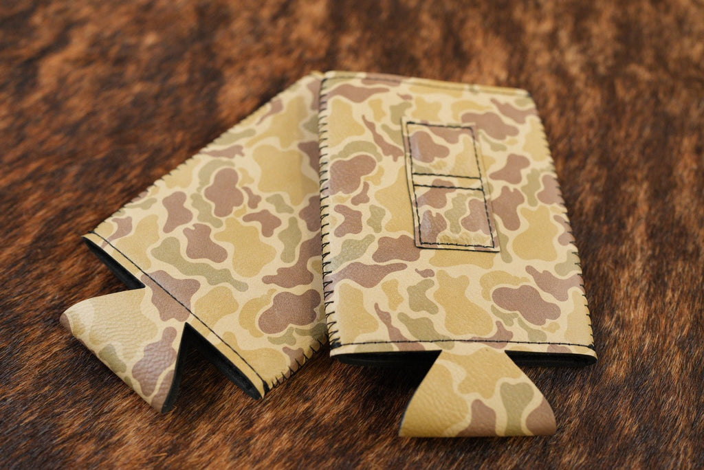 Duck Camo Premium Leatherette magnetic can coozie, slim can size, shown folded to reveal the built-in magnets