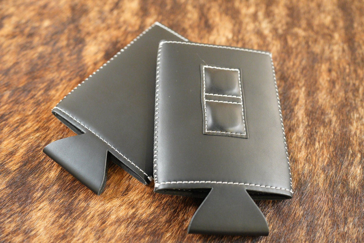 Black and silver Premium Leatherette magnetic can coozie, slim can size, shown folded to reveal the built-in magnets