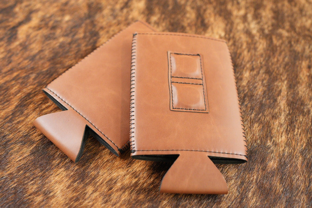 Walnut brown Premium Leatherette magnetic can coozie, slim can size, shown folded to reveal the built-in magnets