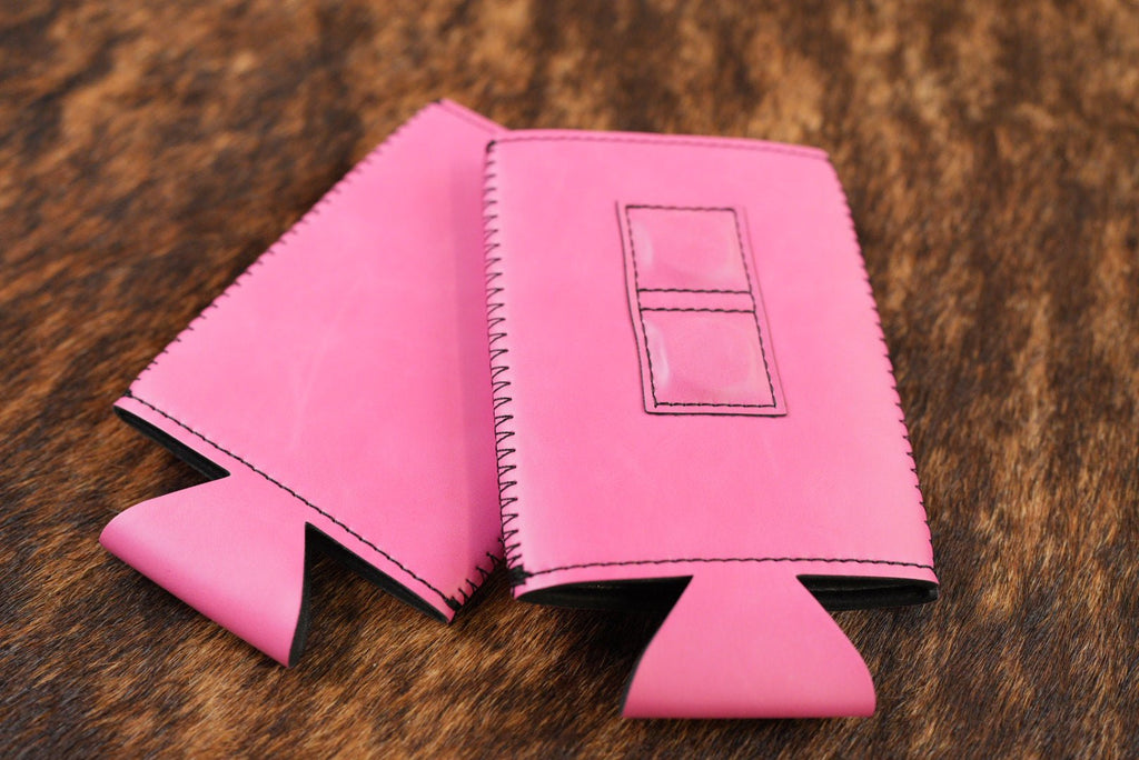 Primrose pink Premium Leatherette magnetic can coozie, slim can size, shown folded to reveal the built-in magnets