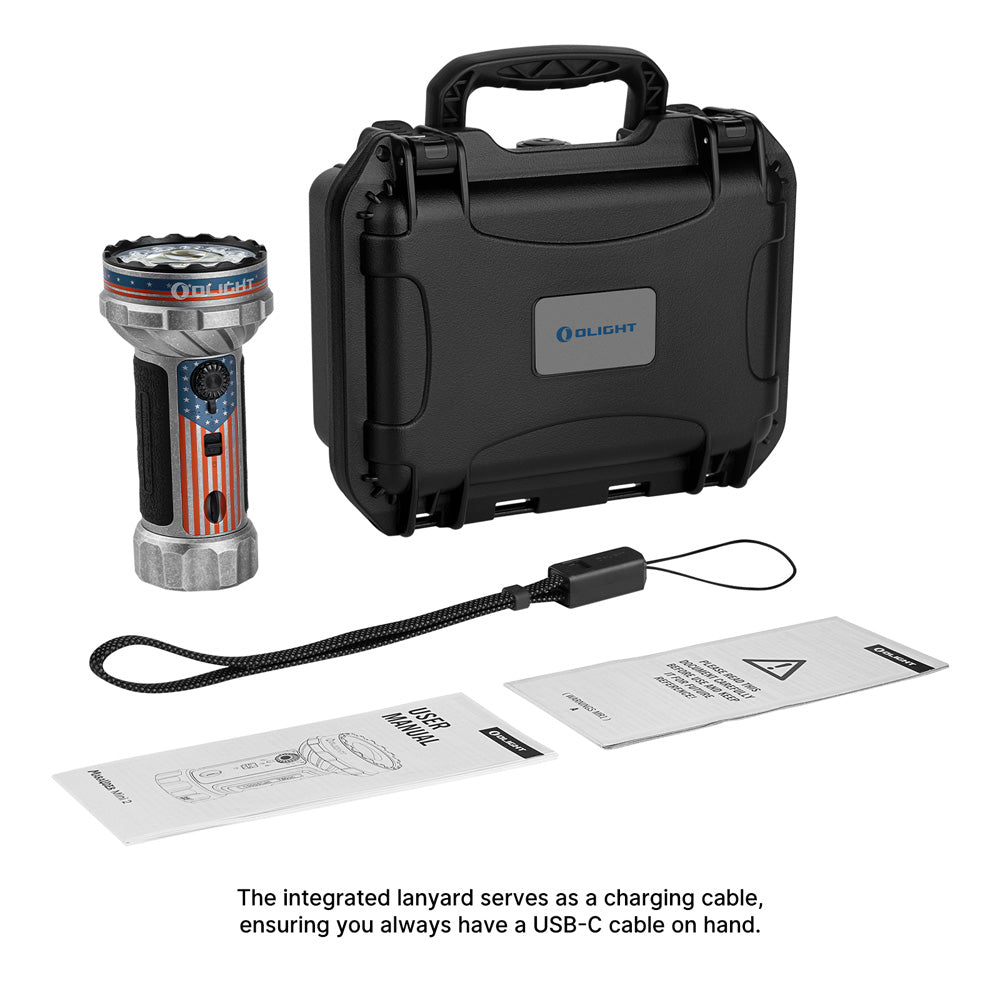 Olight Marauder Mini 2 Stonewashed Stars and Stripes edition with its hard carry case