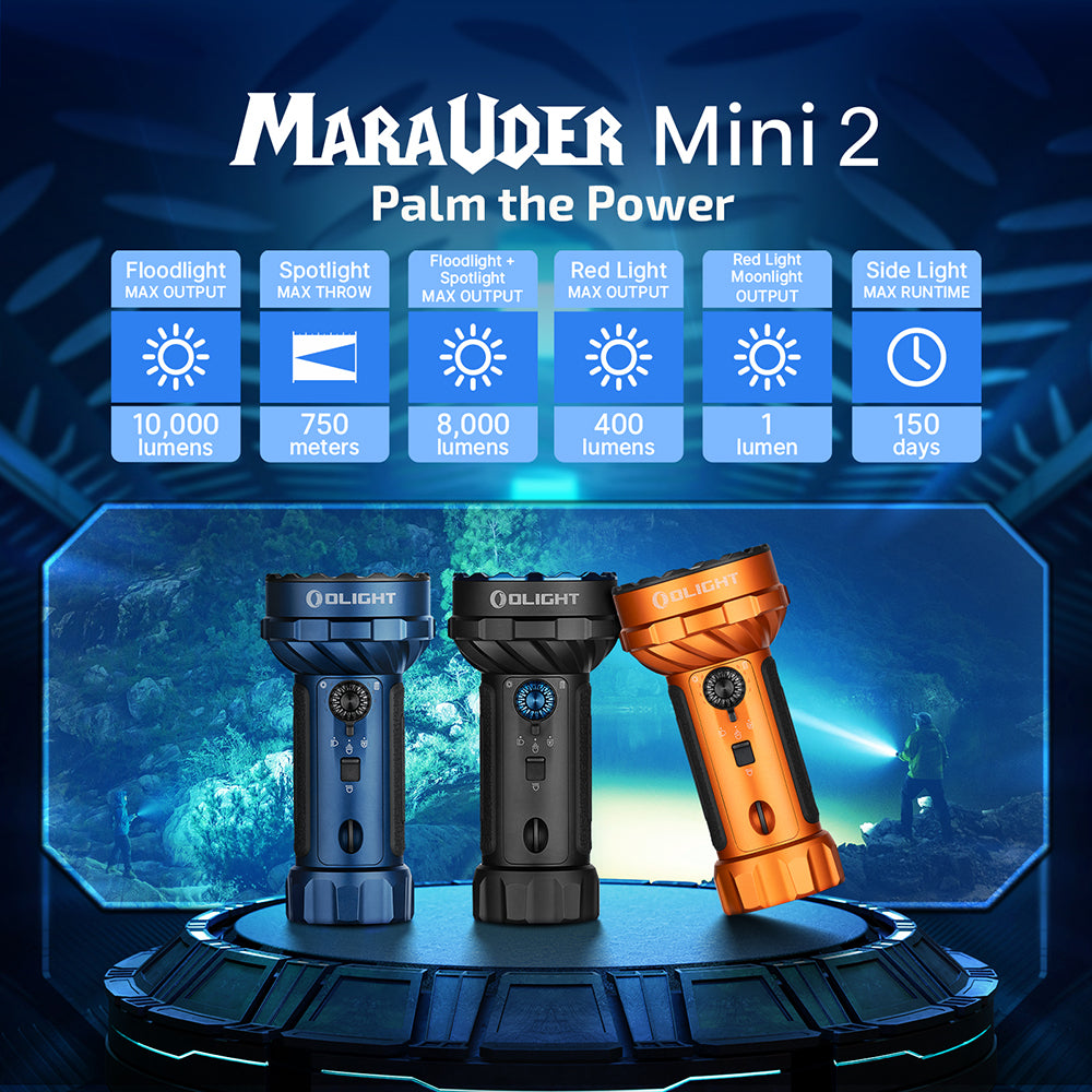Olight Marauder Mini 2 in every color: 10,000 lumens, 750 m beam, red light and side light