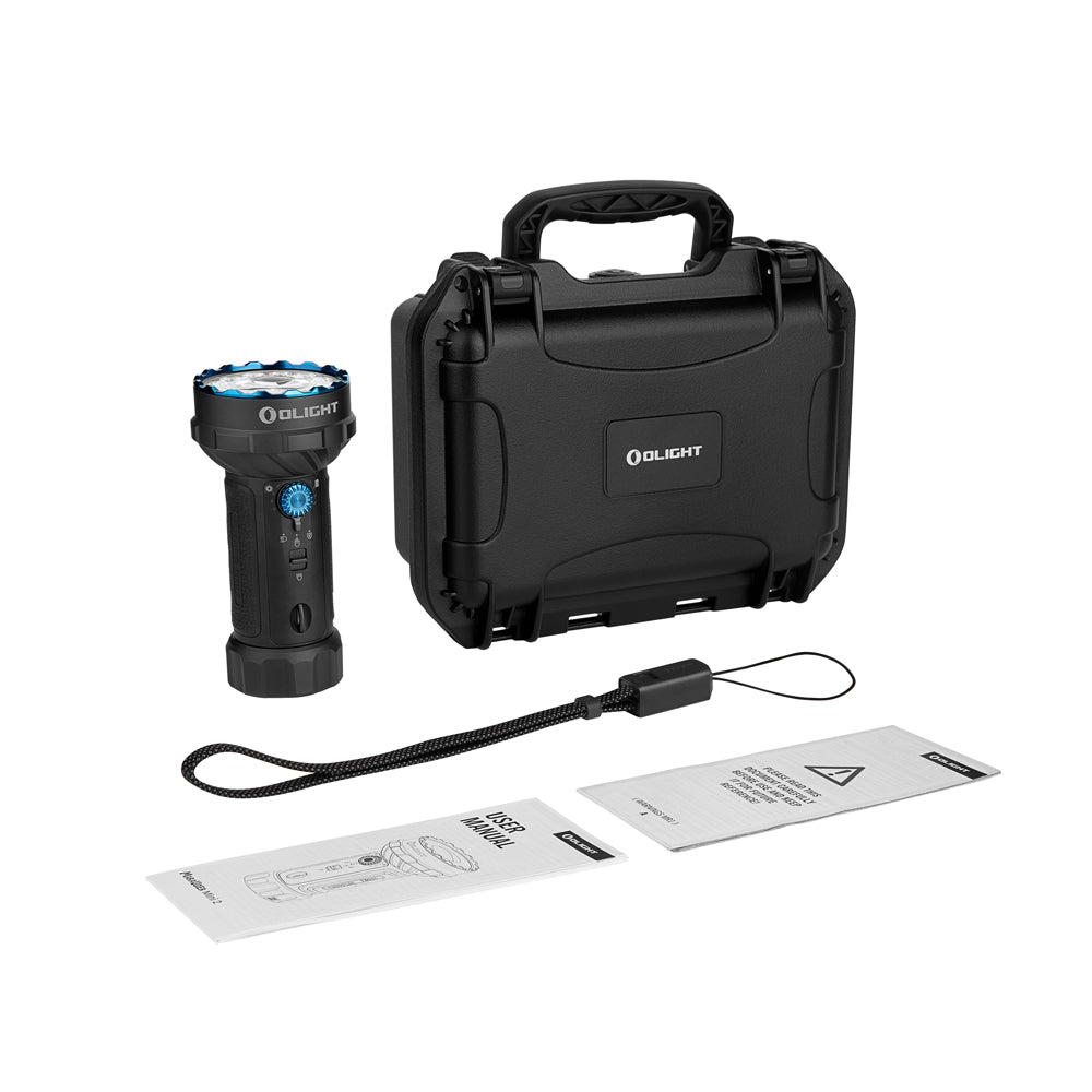 Marauder Mini 2 box contents: flashlight, carry case, charging strap and manual