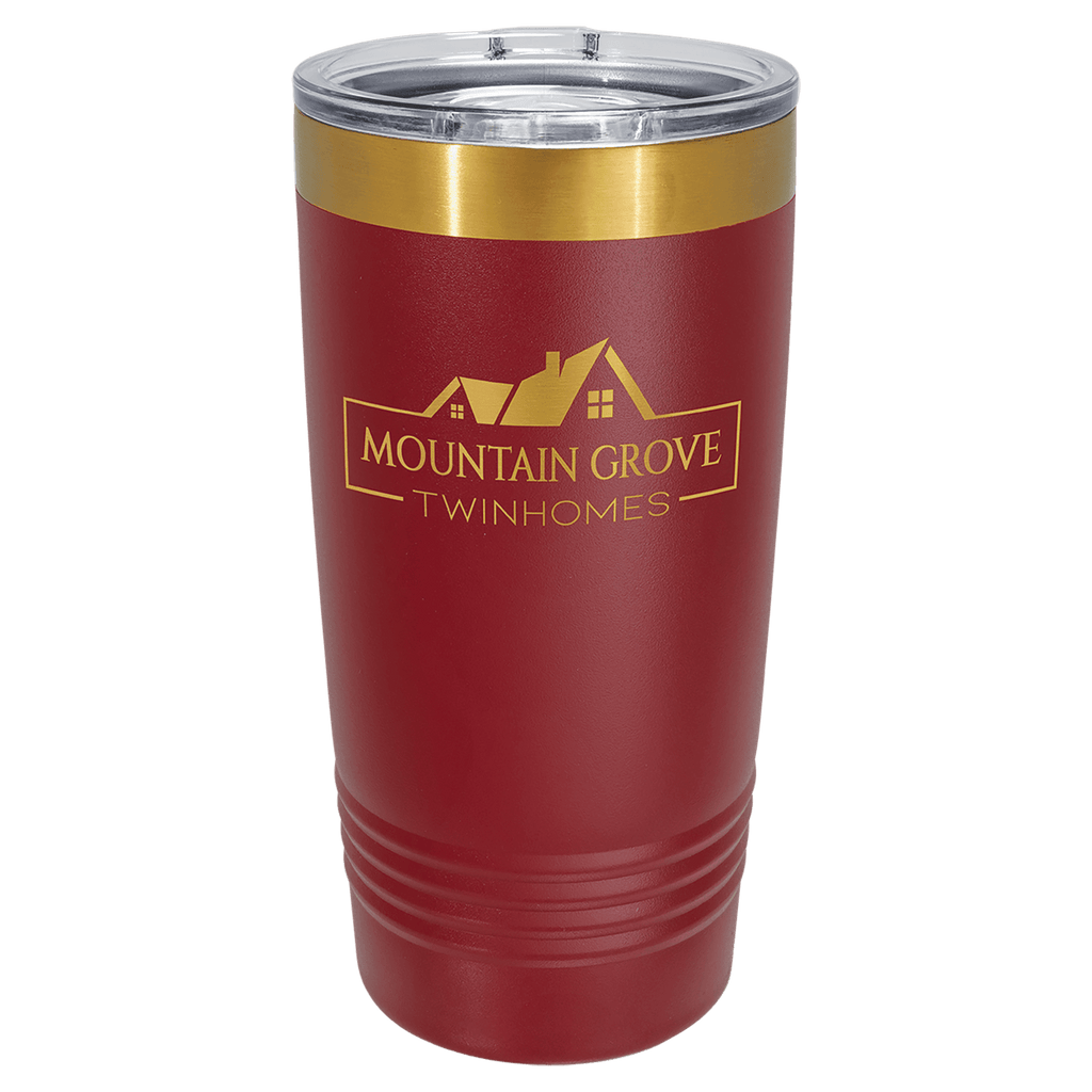 Maroon 20 oz. ringneck tumbler with a bright gold ion-plated base and clear slider lid