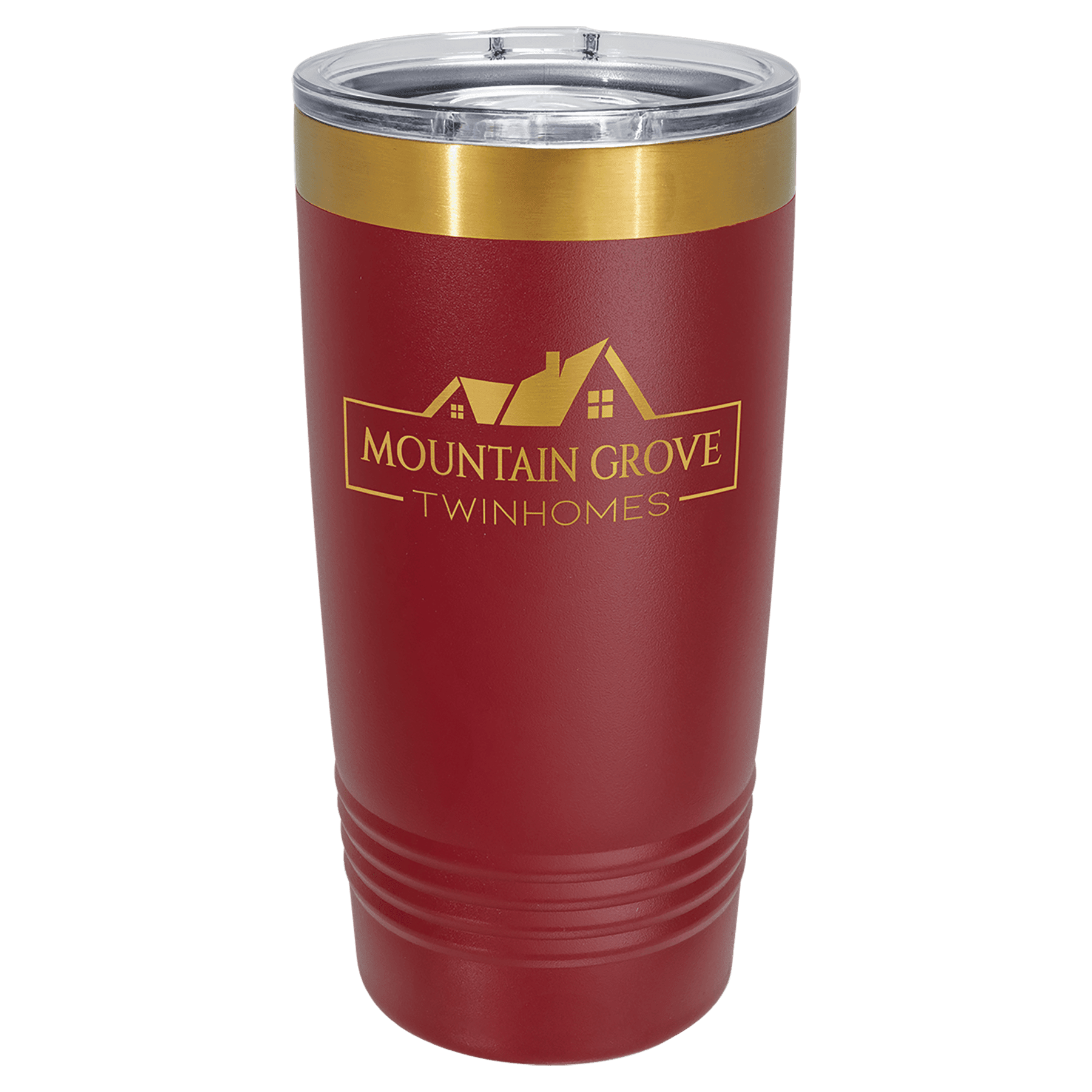 Maroon 20 oz. ringneck tumbler with a bright gold ion-plated base and clear slider lid