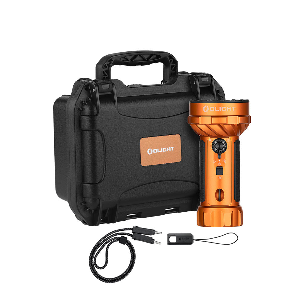 Olight Marauder Mini 2 in Orange with its hard carry case and charging strap