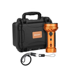 Olight Marauder Mini 2 in Orange with its hard carry case and charging strap