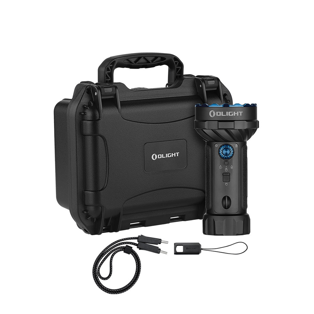 Olight Marauder Mini 2 in Black with its hard carry case and charging strap