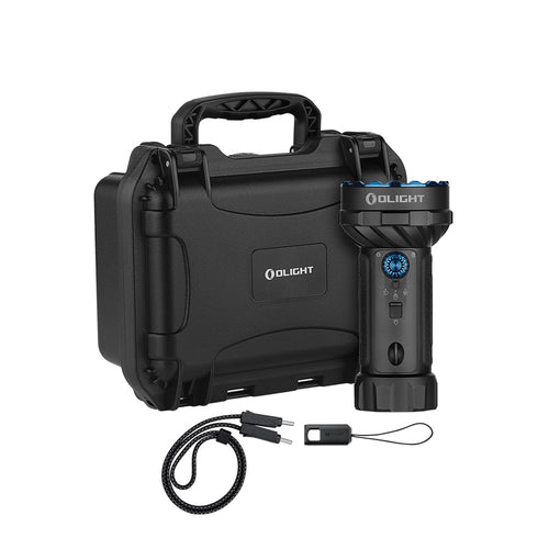 Olight Marauder Mini 2 in Black with its hard carry case and charging strap