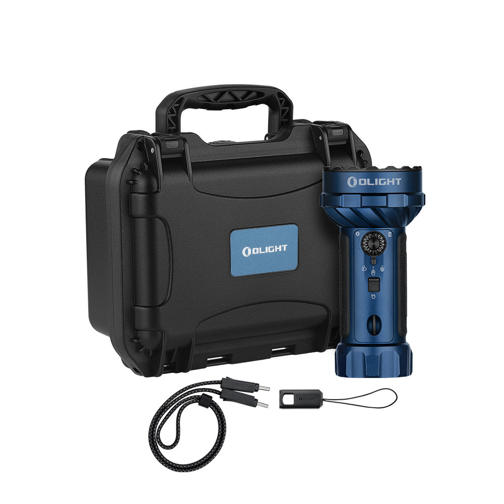 Olight Marauder Mini 2 in Midnight Blue with its hard carry case and charging strap