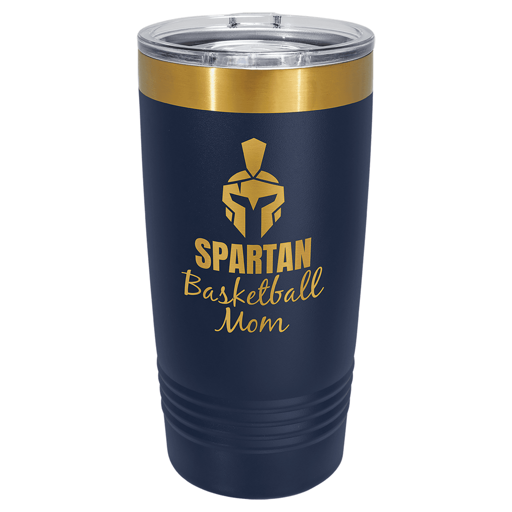 Navy blue 20 oz. ringneck tumbler with a bright gold ion-plated base and clear slider lid