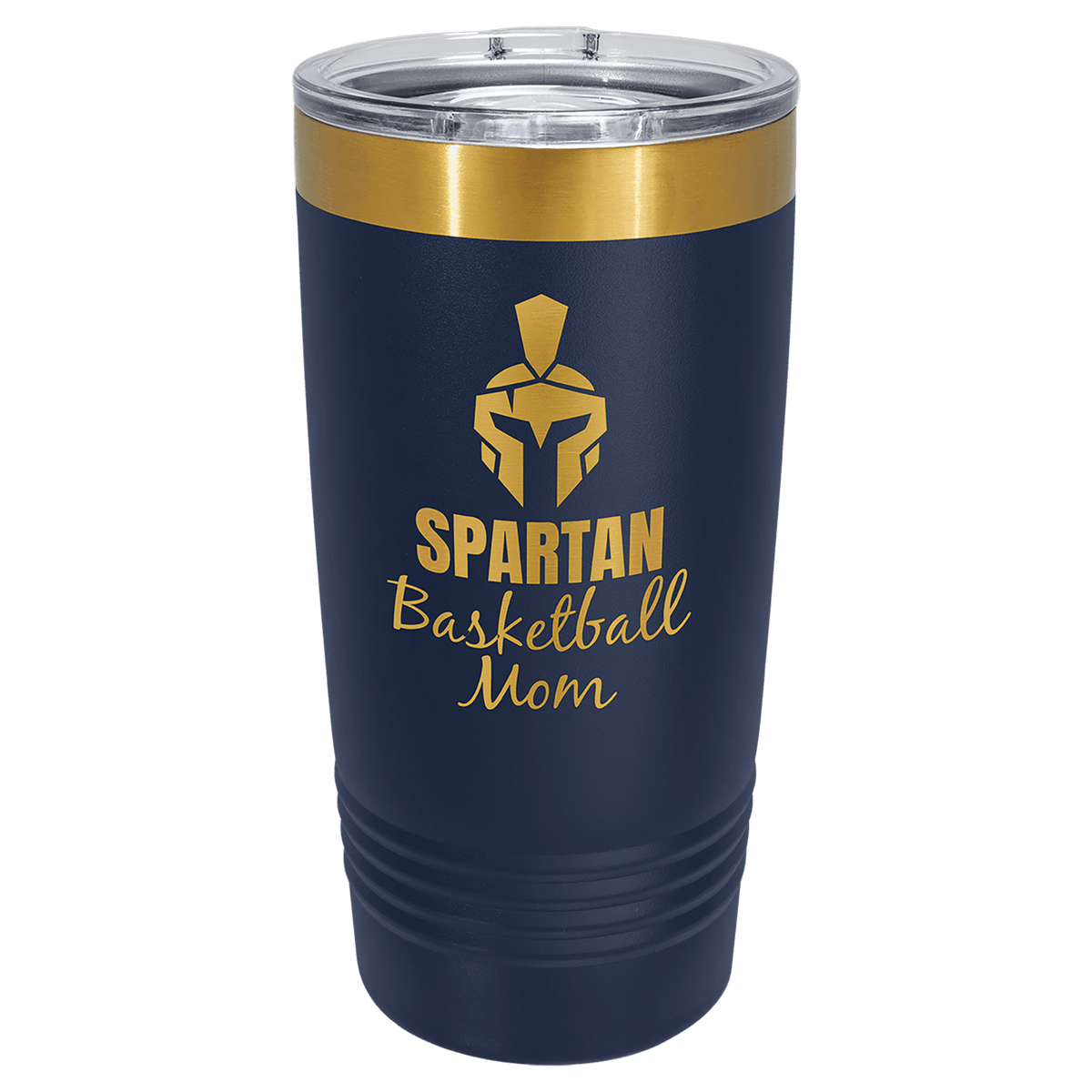 Navy blue 20 oz. ringneck tumbler with a bright gold ion-plated base and clear slider lid