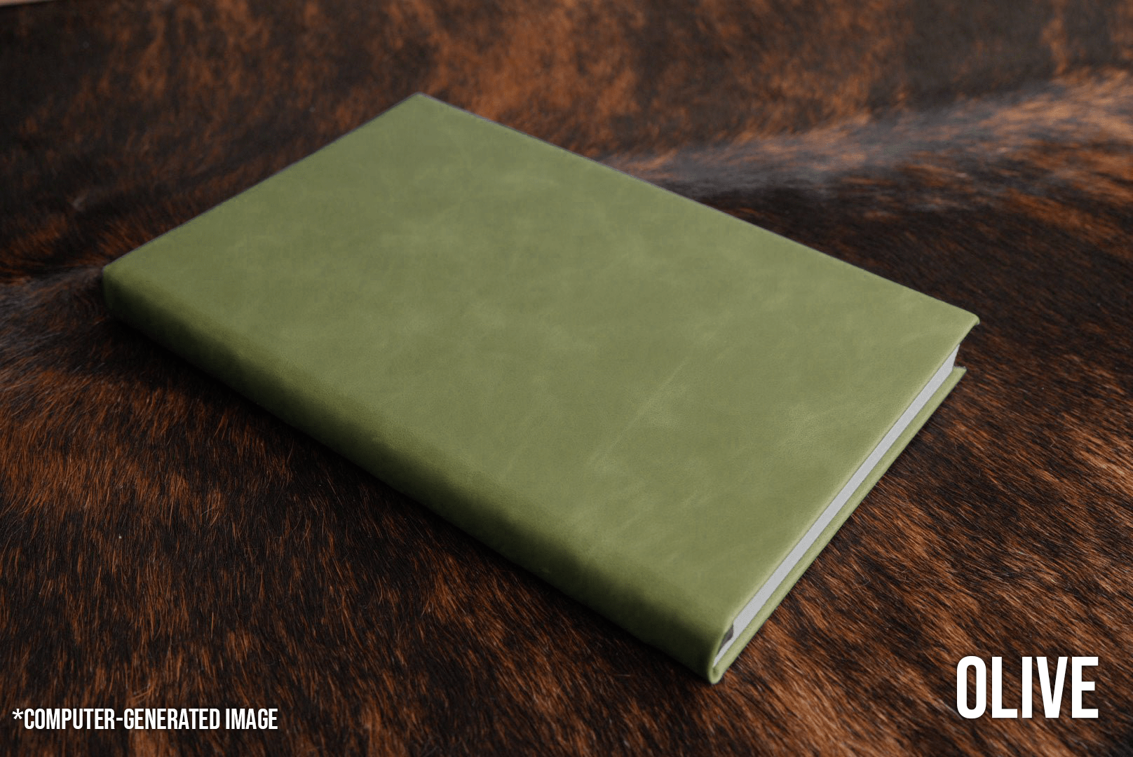 Olive green Premium Leatherette journal cover, shown closed on a cowhide surface