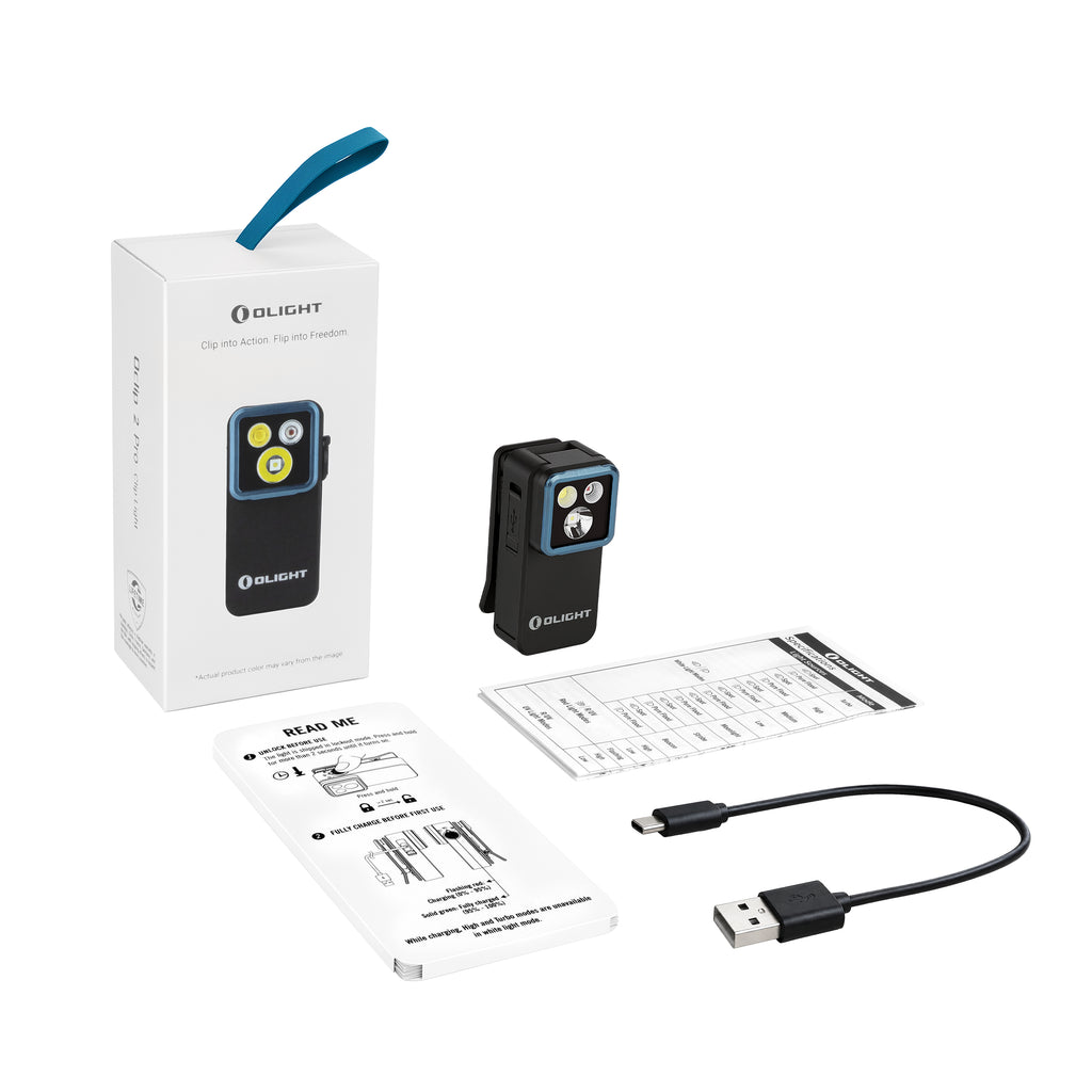 Oclip 2 Pro box contents: light, USB-C cable and manual