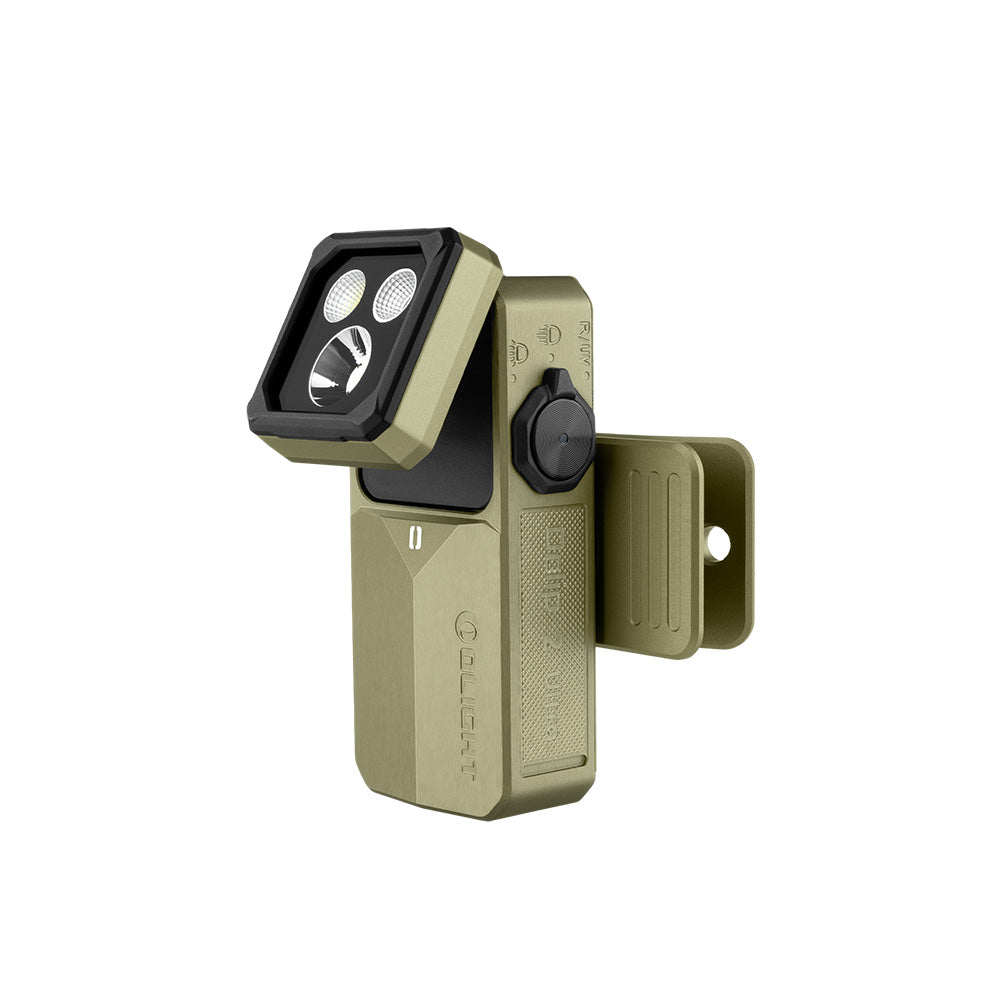 Olight Oclip 2 Ultra clip flashlight in Olive Green, angled view with tilting head and clip