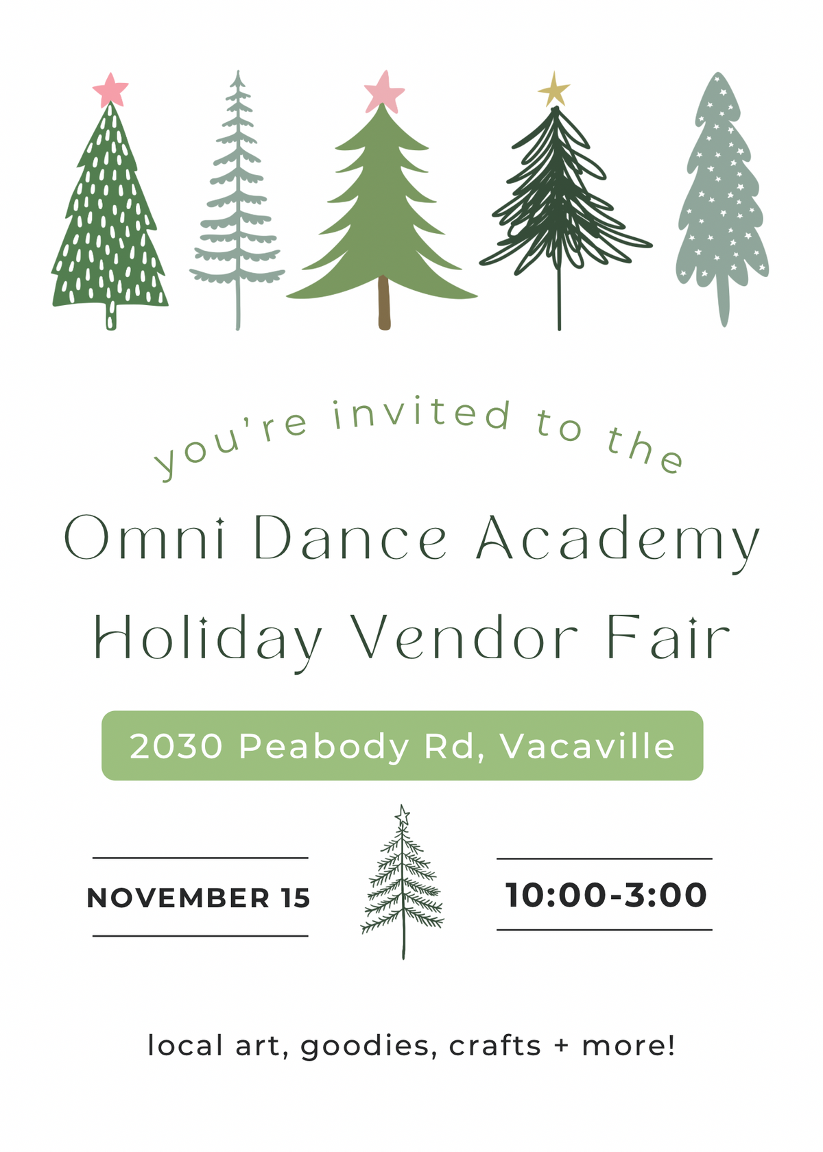 Omni Dance Academy Holiday Vendor Fair flyer — November 15, 10:00–3:00, 2030 Peabody Rd, Vacaville