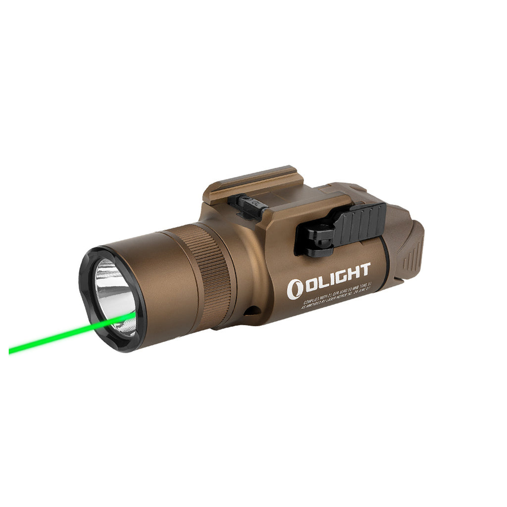 Olight Baldr Pro R weapon light with green laser in desert tan