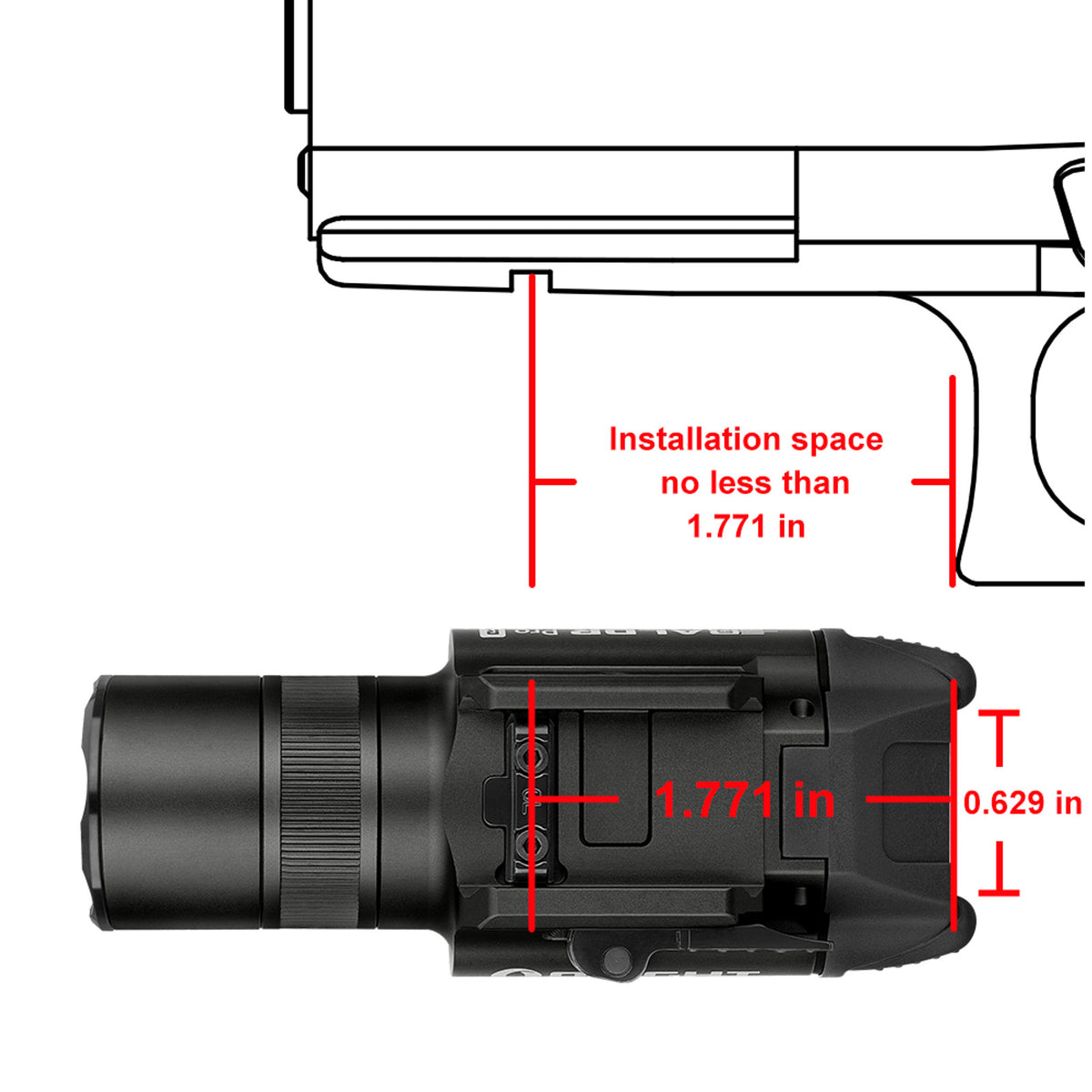 Olight Baldr Pro R installation dimensions on a pistol rail