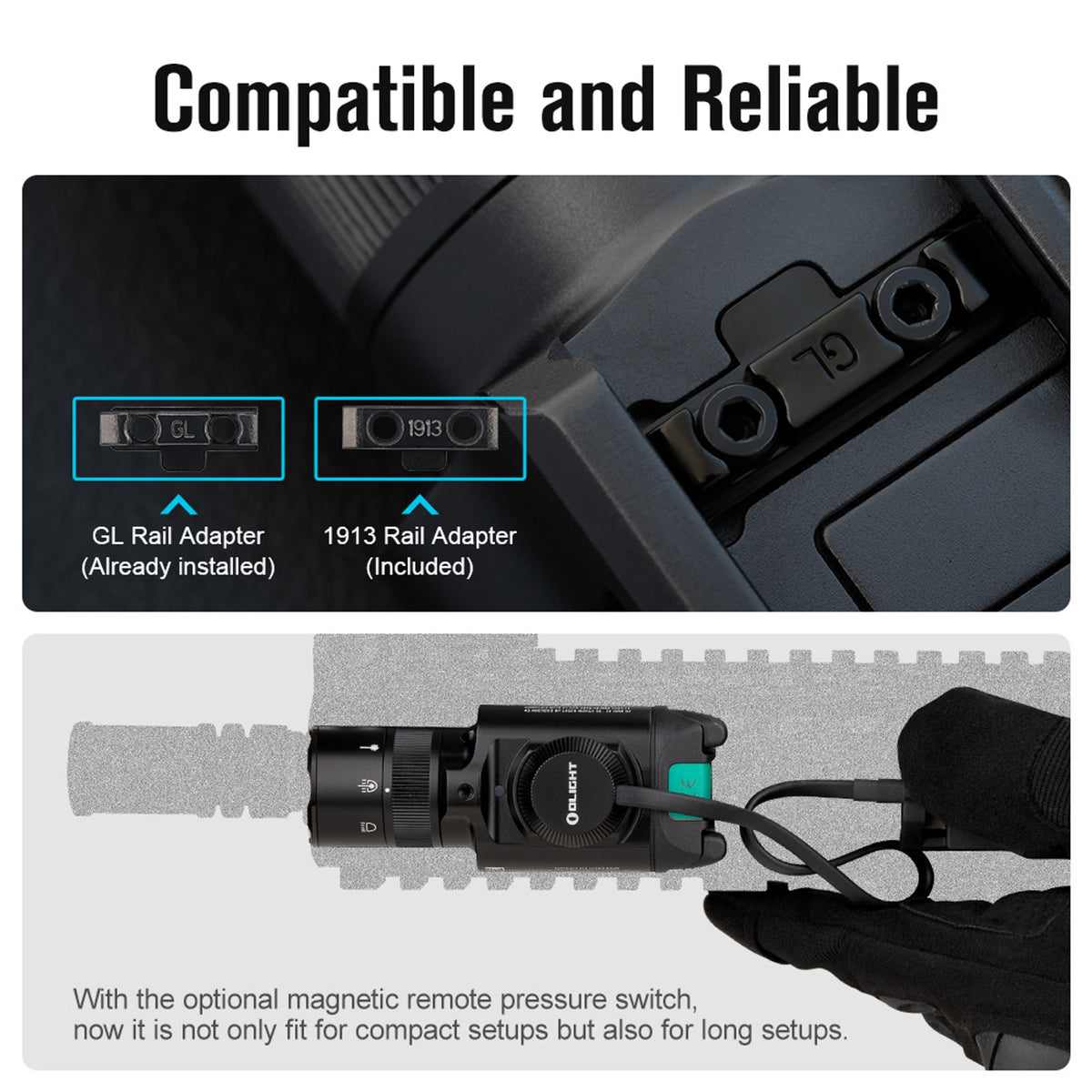 Olight Baldr Pro R Glock and 1913 rail adapters and remote switch option