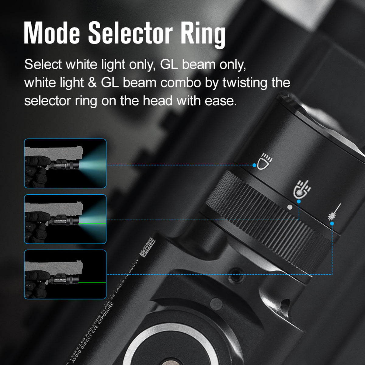 Olight Baldr Pro R mode selector ring for light, laser or both