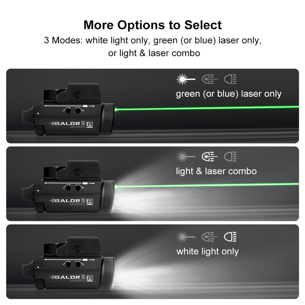 Olight Baldr S modes: laser only, light and laser, light only