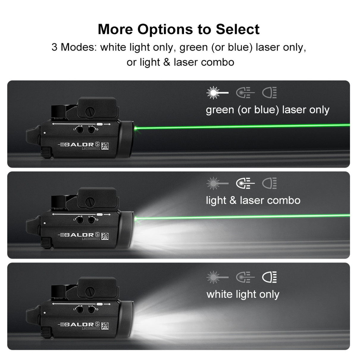 Olight Baldr S modes: laser only, light and laser, light only